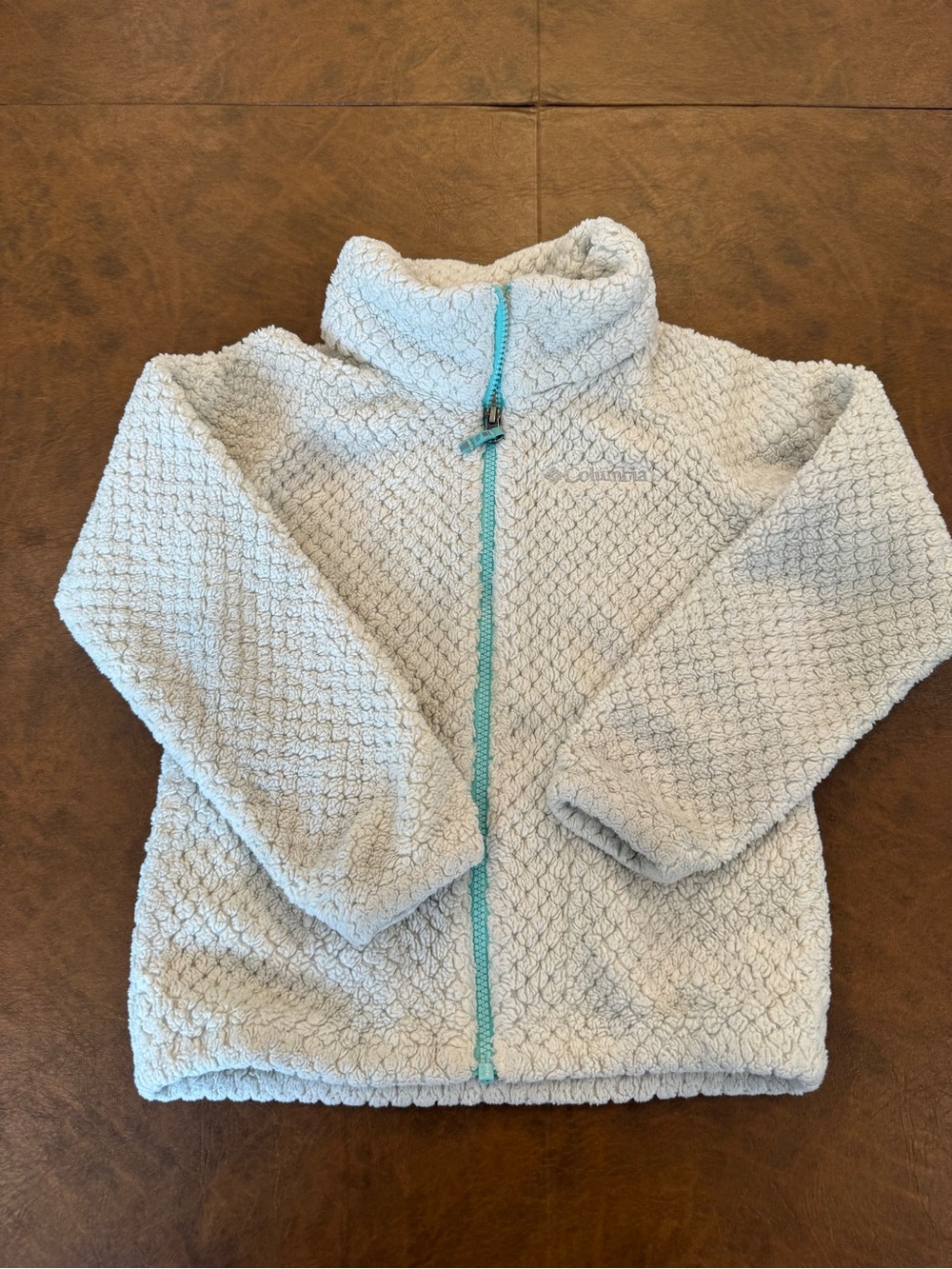 Columbia Light Gray Sherpa Jacket with Teal Trim Youth Small Kids Size